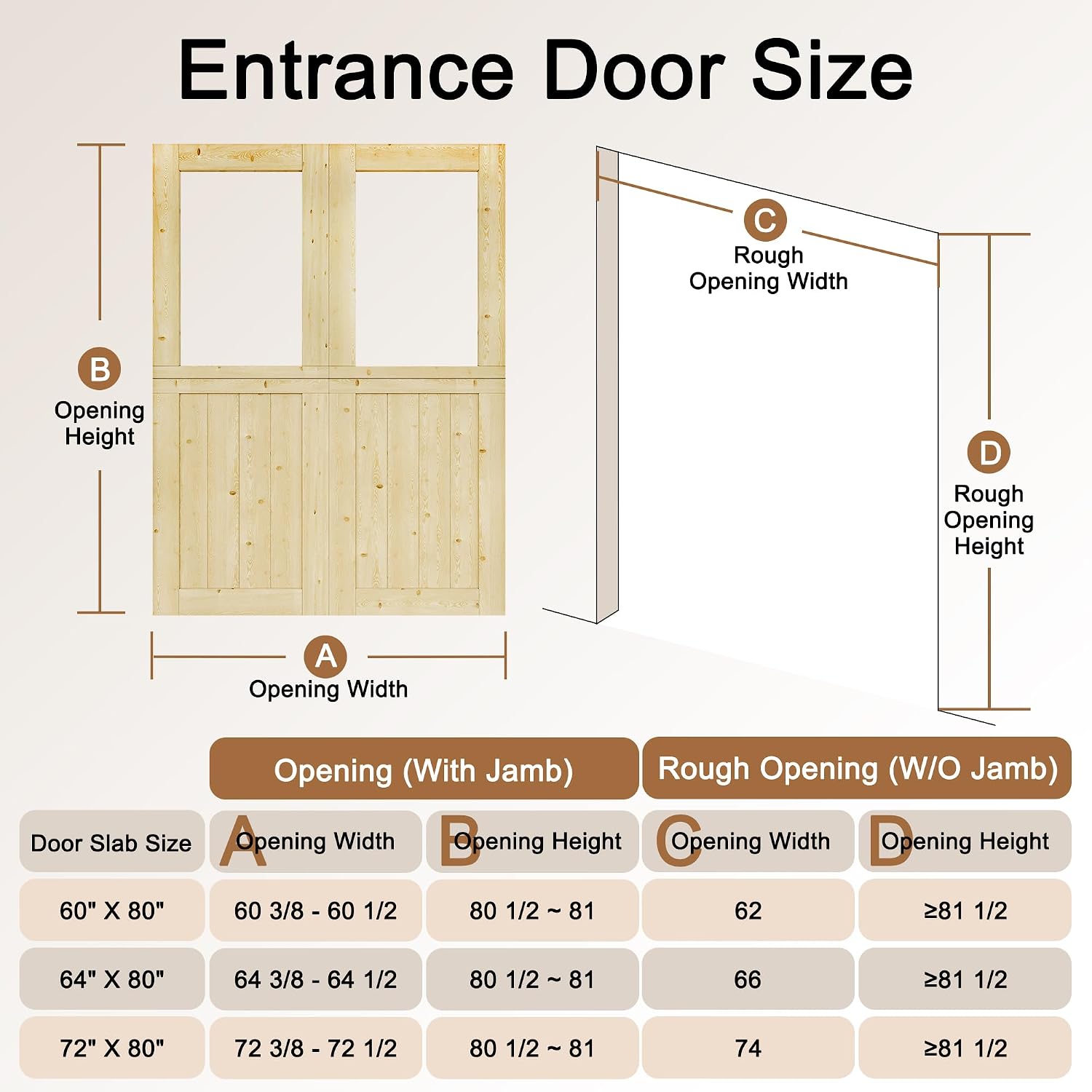 Exterior Dutch Door Slab, 60' x 80', Universal 1 Lite Panel Split Single Doors, Solid Core Home Door, Natural Pine Wood - with 8 Black Hinges & 2 Latch, Without Jamb