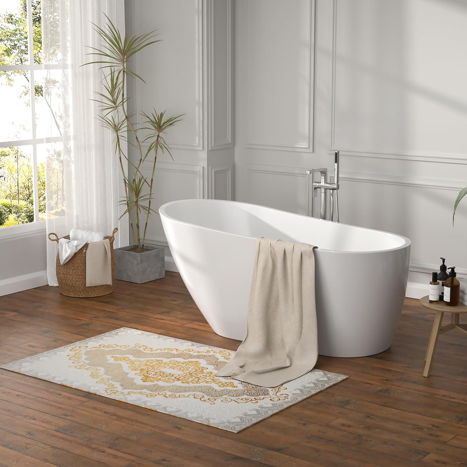 59' Freestanding White Acrylic Slipper Bathtub – Elegant Soaking Tub with Chrome Drain and Ergonomic Backrest for Luxurious Home Bathing, YSB9212