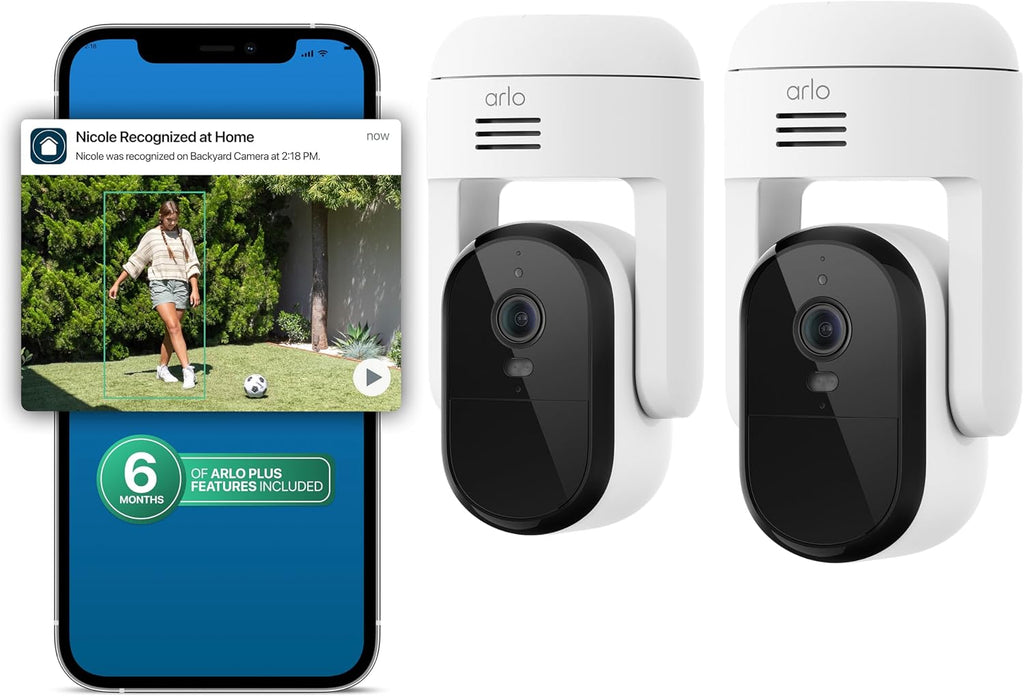 Arlo Essential Pan Tilt Security Camera 2K + 6 Months of Secure Plus Plan - Wired Plug-in Power Outdoor Camera, Person Recognition, Package Detection, Animated Preview, Auto Motion Tracking, 2 Cam