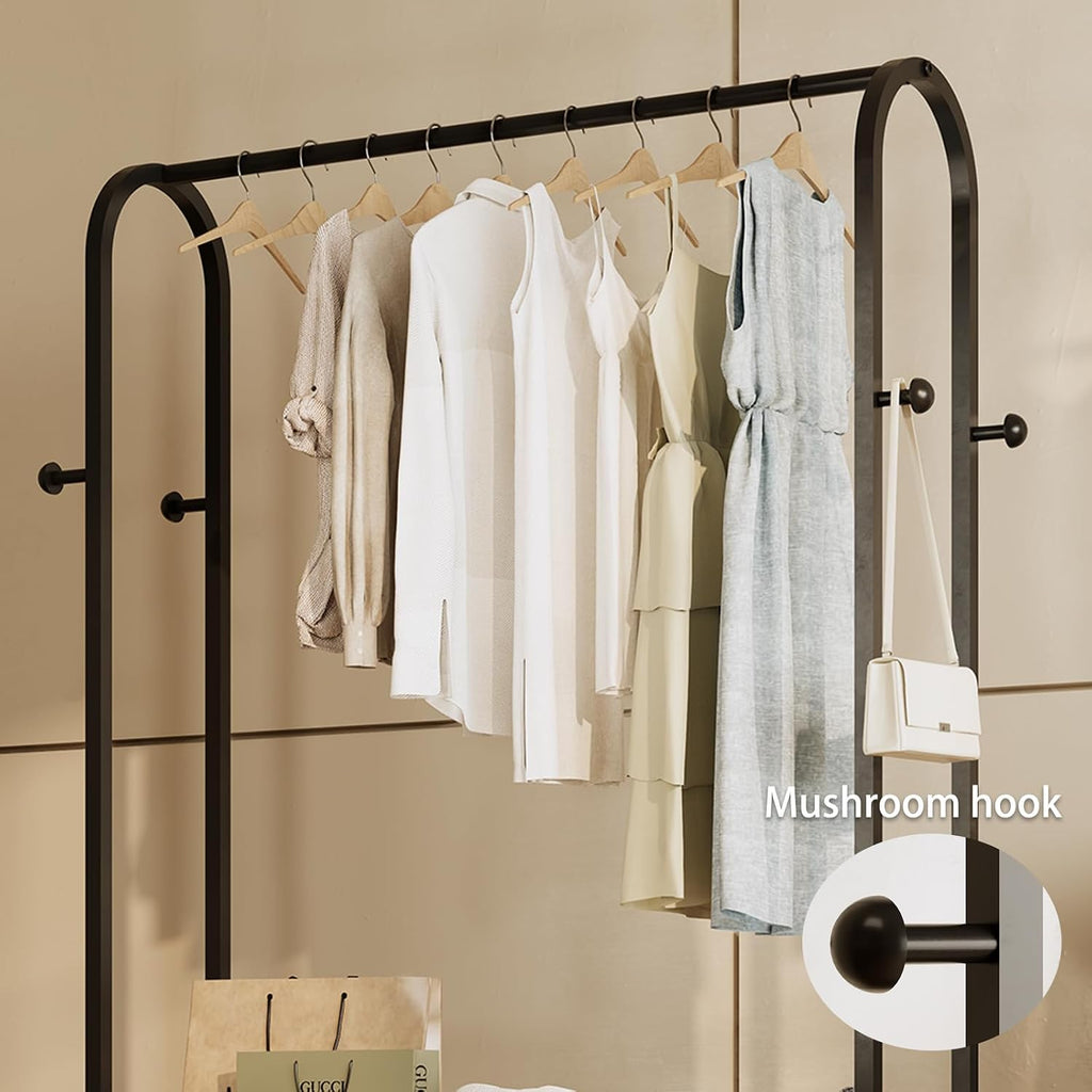 Sturdy Heavy Duty Clothes Rack With Wheels,Modern Clothing Rack With Shelves & hooks, Garment Racks for Hanging Clothes,Closet Rack for Bedroom,49.2in Wide,Clothes Storage and Display (black)