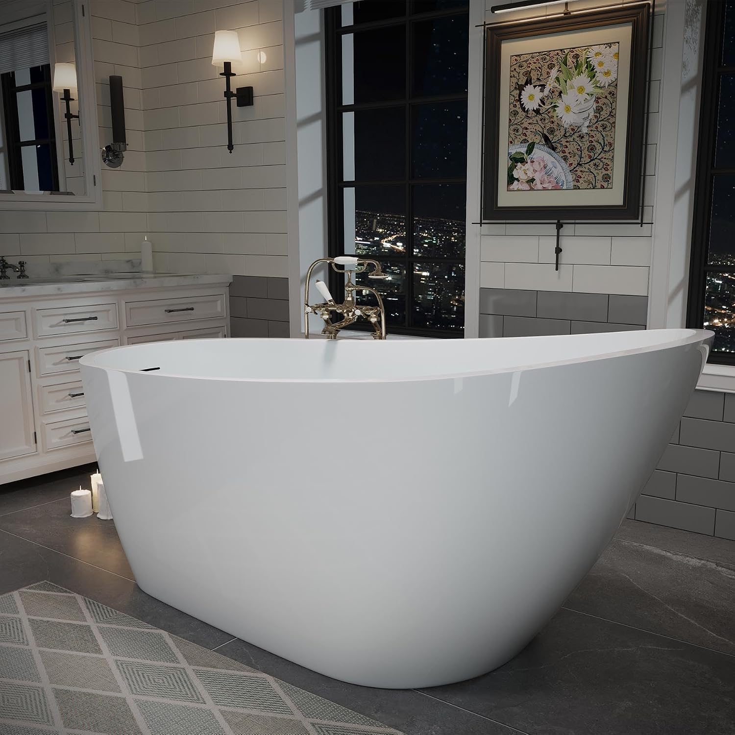 Acrylic Soaking Tub with Pop-up Drain & Integrated Overflow, Freestanding Bathtub with Double-Wall Insulation, Stand Alone Tub, Ergonomic, Easy Install (63')