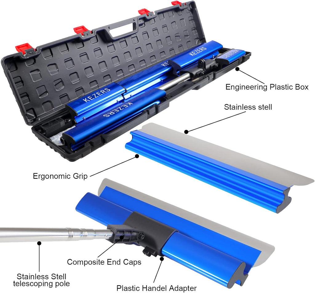 KEZERS Drywall Tool Kit 8-Piece Skimming Blade Set with Extension Handle – 5 Putty/Taping Knives (4'-12') & 5 Skimming Blades (12'-32') for Drywall, Plaster, and Compound Work