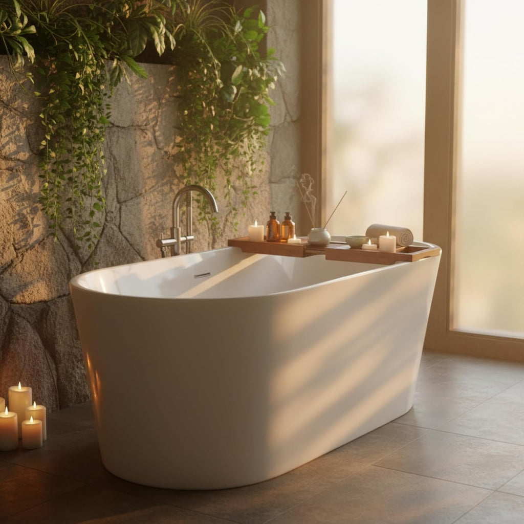 Arezzo 67' Freestanding Acrylic Bathtub with Chrome Drain, Glossy White Seamless Soaking Tub, Fiberglass Reinforced with Leveling Legs, 49 Gal Capacity