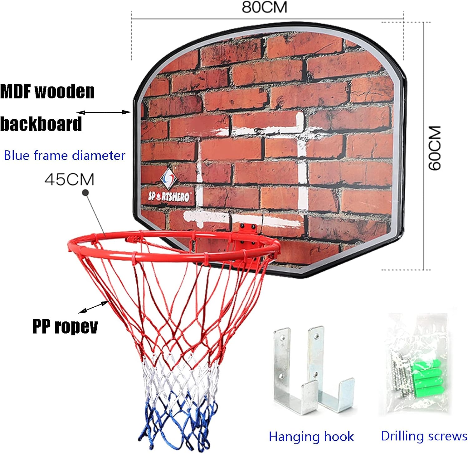 Basketball Rim Adult Youth Basketball Hoop, Outdoor Wall-Mounted Recreational Basketball Board, No Need to Punch Holes for Installation, 80x60 Cm (Color : Package 1)