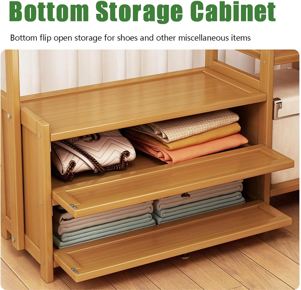 Bamboo Clothing Rack, Heavy Duty Rolling Garment Rack 4 Tier Storage Shelves Garment Rack with Side Hooks & drawers Clothes Racks for Hanging Clothes, Clothes Storage and Display, Wood