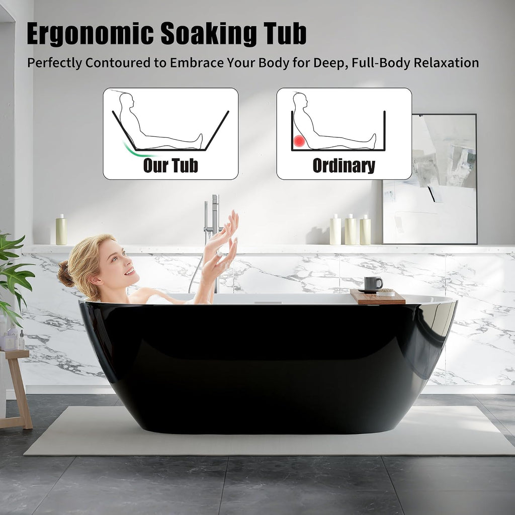 67 Inch Freestanding Bathtub Acrylic Black Soaking Tub with Integrated Overflow, Deep Soaking Free Standing Tub, Modern Stand Alone Tub for New Builds & Bathroom Remodels