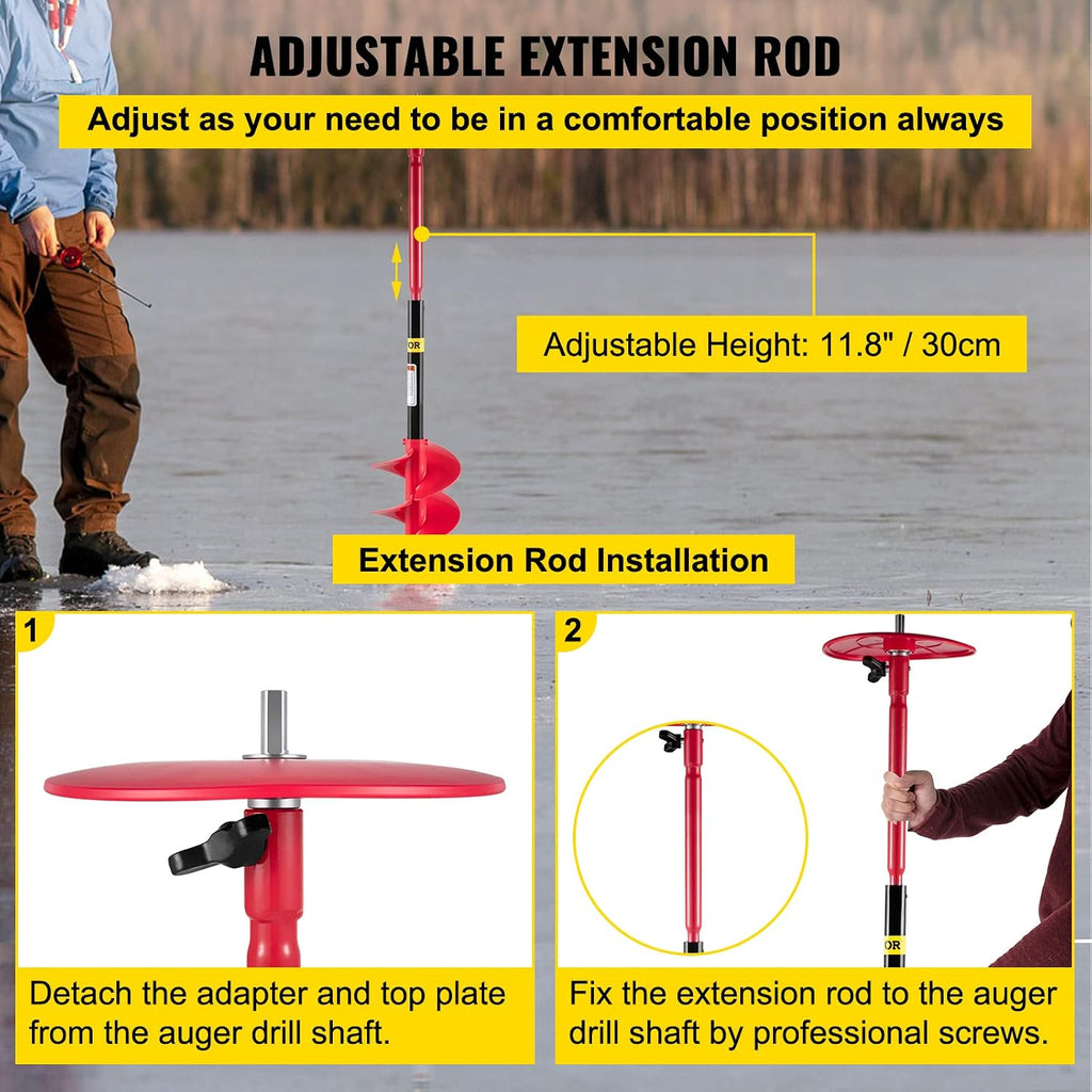 VEVOR Ice Auger, 8' Diameter Ice Fishing Auger Drill Bit, 39' Length Nylon Corless Ice Augers for Ice Fishing with Extra 11.8' Extension Rod, Drill Adapter, Top Plate and Blade Guard
