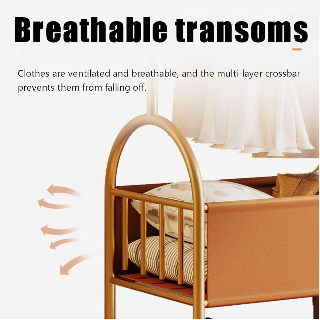 3-in-1 Metal Clothes Rack, 173cm Heavy Duty Glod Rolling Garment Rack with PU leather Basket Clothes Racks for Hanging Clothes Clothes Storage and Display