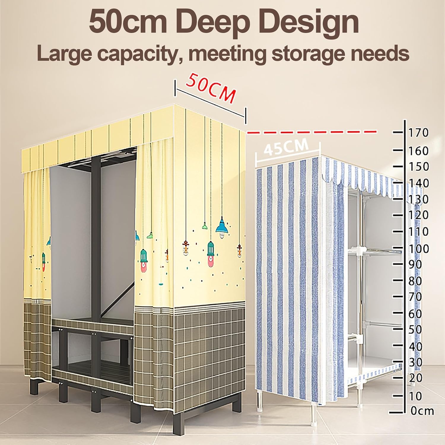 Portable Wardrobe Closets For Hanging Clothes, Foldable Clothe Rack With Cover, Metal Garment Rack For Hanging Rods, Clothing Coat Storage Rack, For Bedroom(Blue2,150cm/59.1inch)