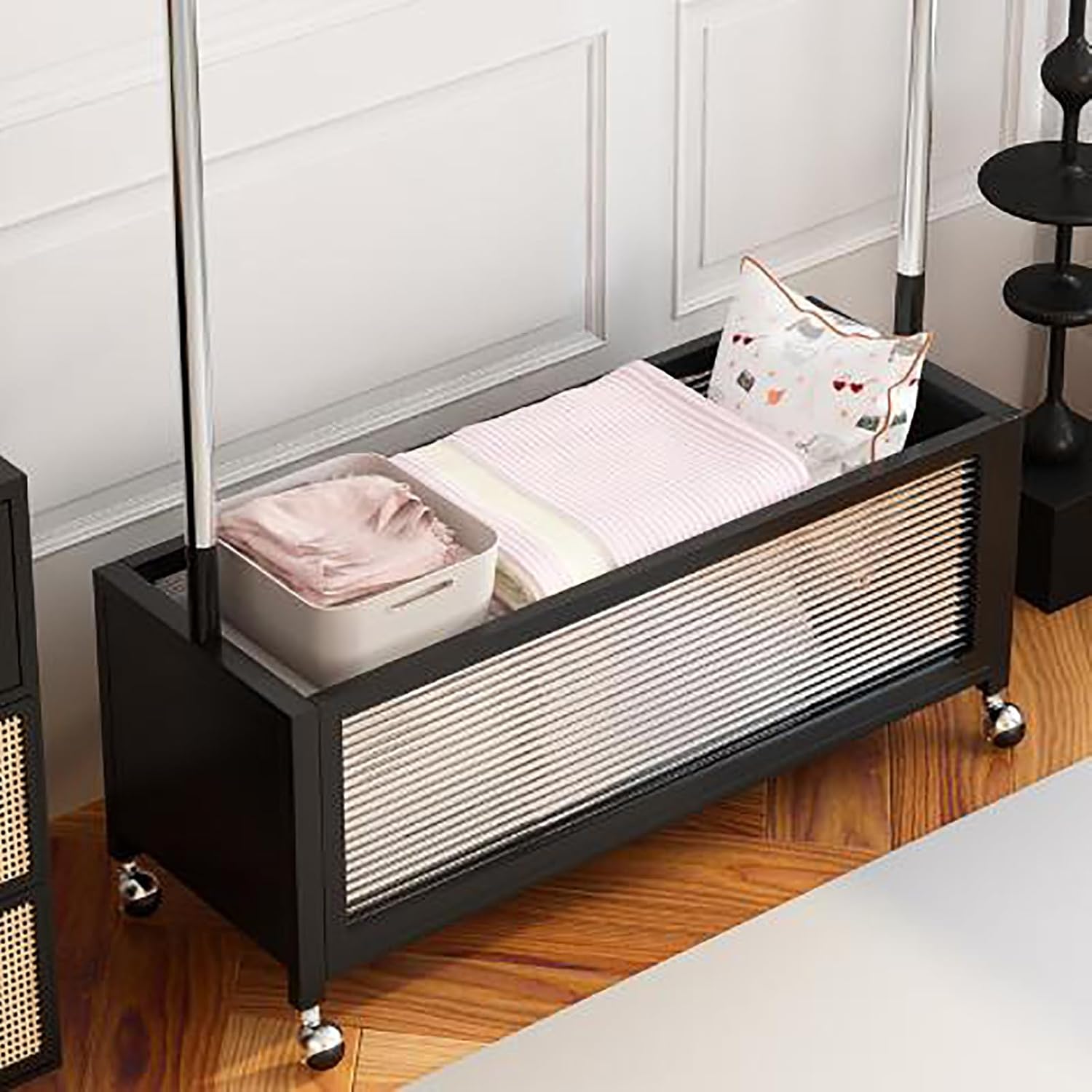 Clothes Rack on wheels, Clothing Rack with Bottom Mesh Storage Shelf, Heavy Duty Garment Racks for Hanging Clothes, for Bedroom Laundry Living Room, Metal Clothing Rack