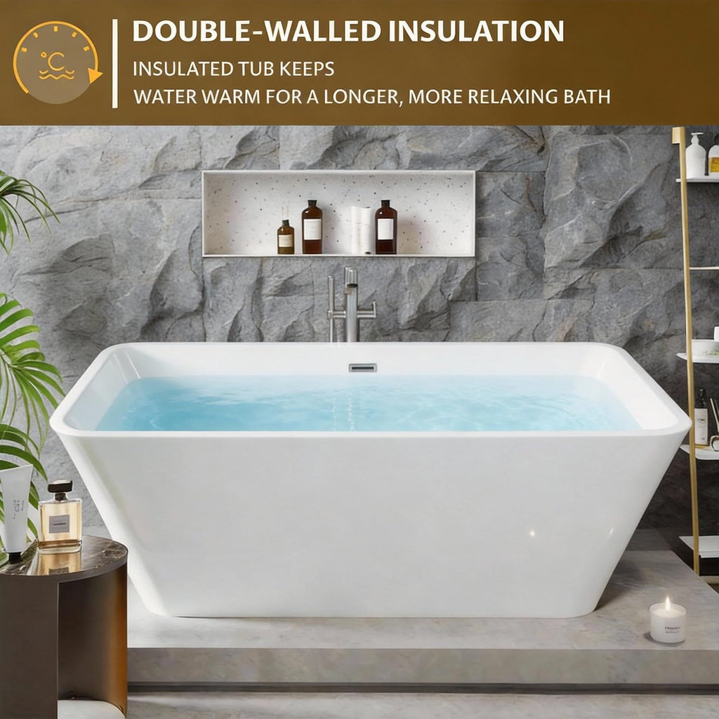 59' Freestanding Acrylic Soaking Tub,Large Freestanding Bathtub with Non-Slip Surface, Overflow and Drain Included, Freestanding Bathtub with Chrome Drain, Deep Stand-Alone Tub for Relaxing Home Spa