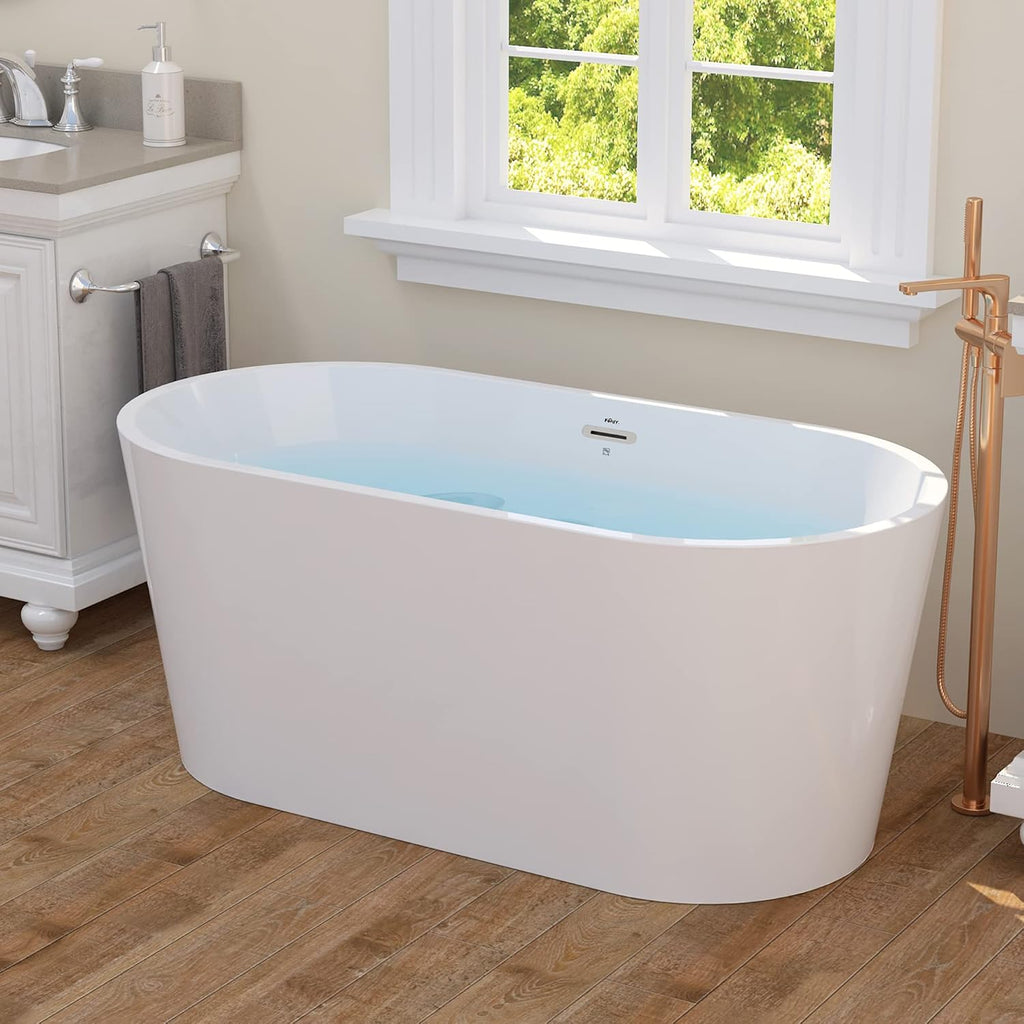 FerdY Shangri-La 55' Acrylic Freestanding Bathtub, Classic Oval Shape Soaking Bathtub with Toe-Tap Chrome Drain and Classic Slotted Overflow Included, Modern White, cUPC Certified
