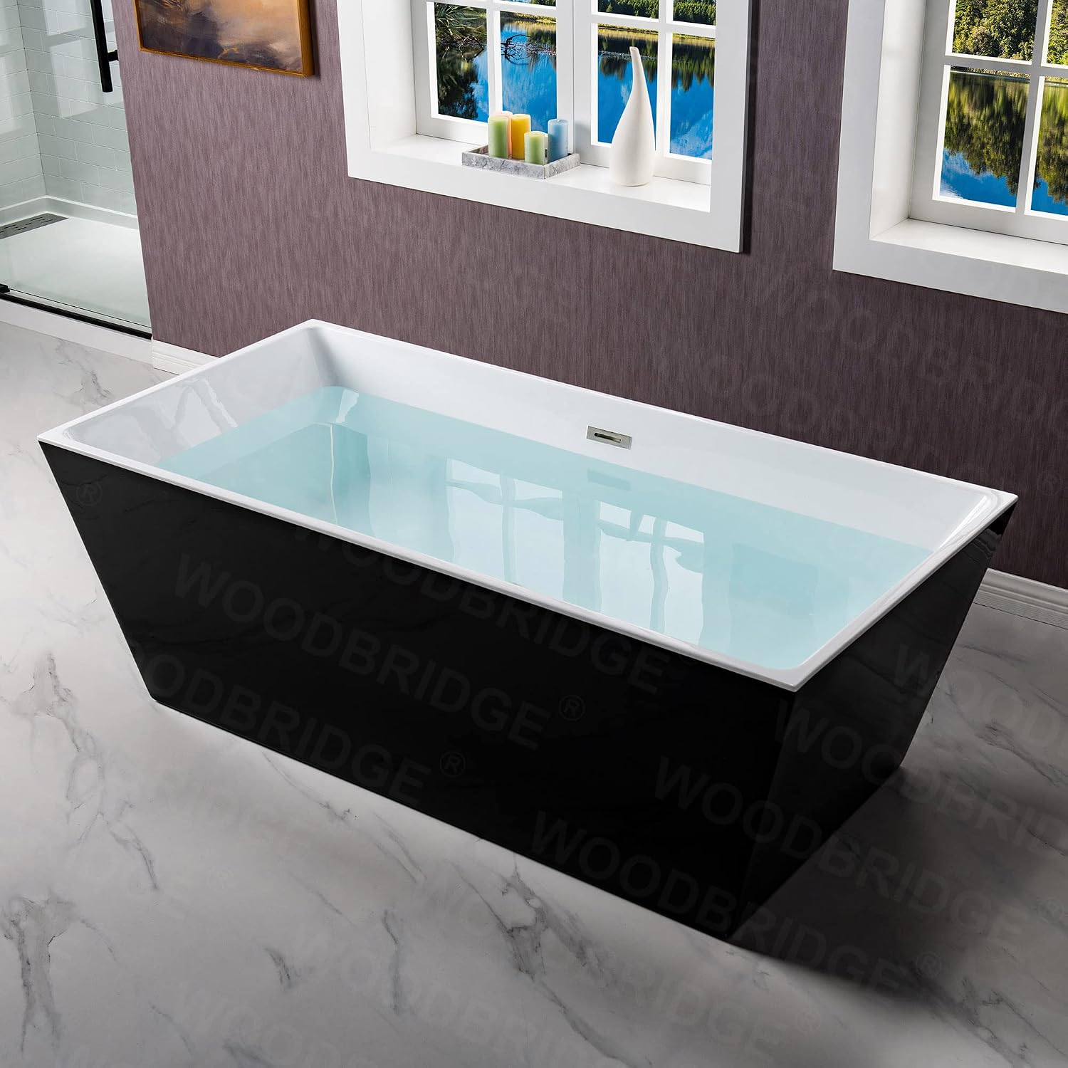 WOODBRIDGE 67' Acrylic Freestanding Bathtub Contemporary Soaking Black Tub with Brushed Nickel Overflow and Drain，BTA1812-BN