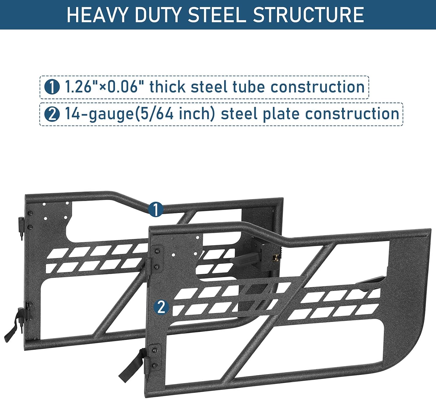 Hooke Road Tube Half Doors for 2018-2026 Jeep Wrangler JL 2-Door & Gladiator JT, Open-Air Summer Off-Road Doors wtih Secure Latch & Limiting Straps - 1 Pair (2-Door Only)