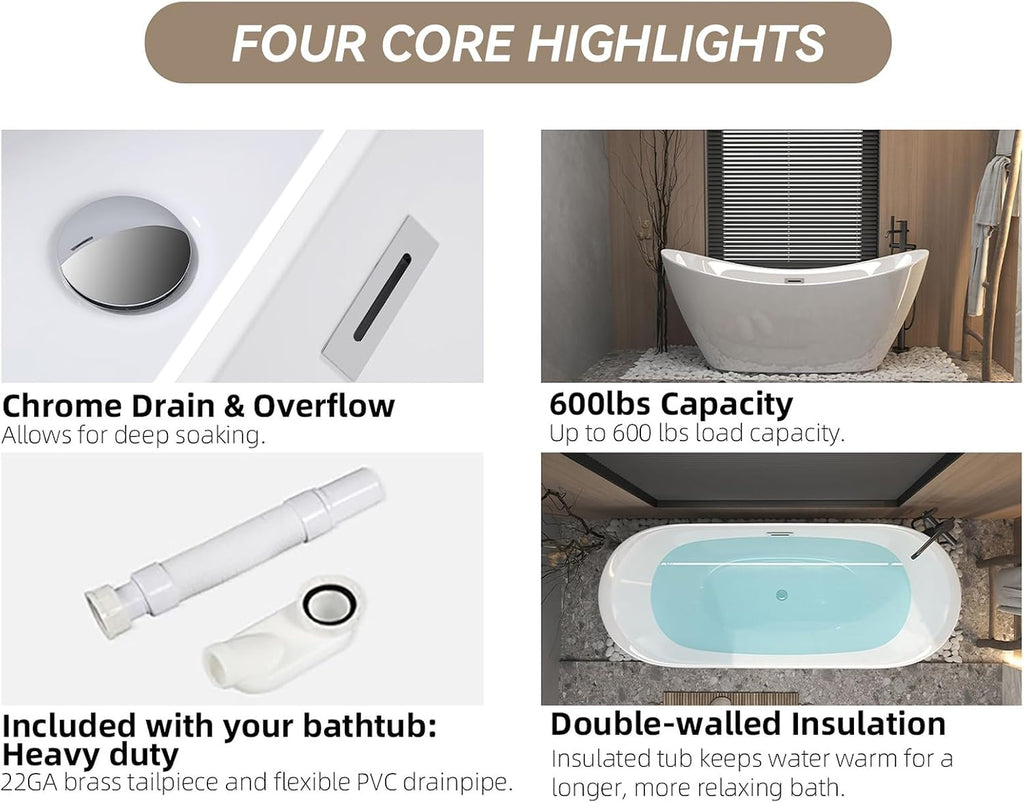 Freestanding Bathtub 67' Acrylic Contemporary Free Standing Tub Ship Shape Oval Acrylic Soaking Bath Tubs with Chrome Pop-Up Drain & Overflow, White
