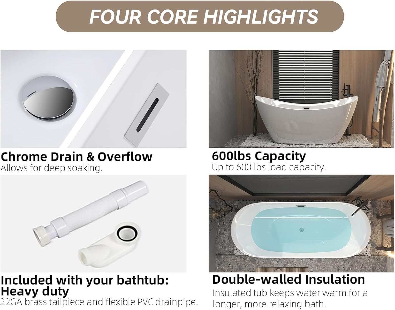 Freestanding Bathtub 59' Acrylic Contemporary Free Standing Tub Ship Shape Oval Acrylic Soaking Bath Tubs with Chrome Pop-Up Drain & Overflow, White