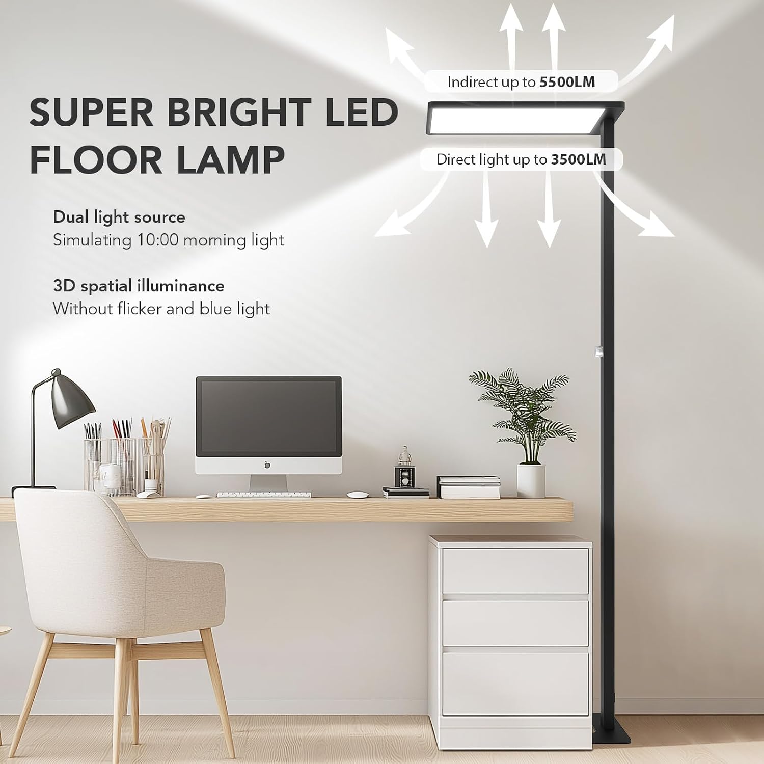 100W LED Floor Lamp, 76.8' Tall Reading Light, 9000LM Knob Dimming Standing Lamp, Full Spectrum Eye Care Reading Lamp, 4000K Natural Daylight for Study Room, Office, Living Room, Bedroom (Black)