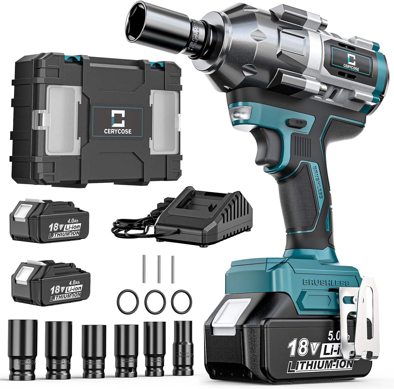 Cerycose Cordless Impact Wrench 1/2 inch for Makita Battery, 900Ft-lbs Brushless High Torque Impact Gun with 2x5.0AH Battery