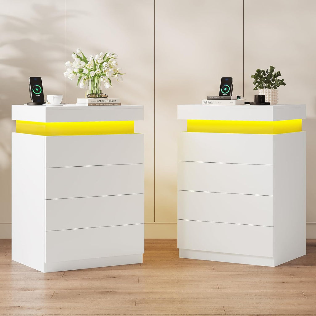 ADORNEVE White Night Stand Set of 2,Nightstand with Charging Station & LED Light & Sliding Top,Bedside Table with Drawers,Modern Bed Side Tables Bedroom
