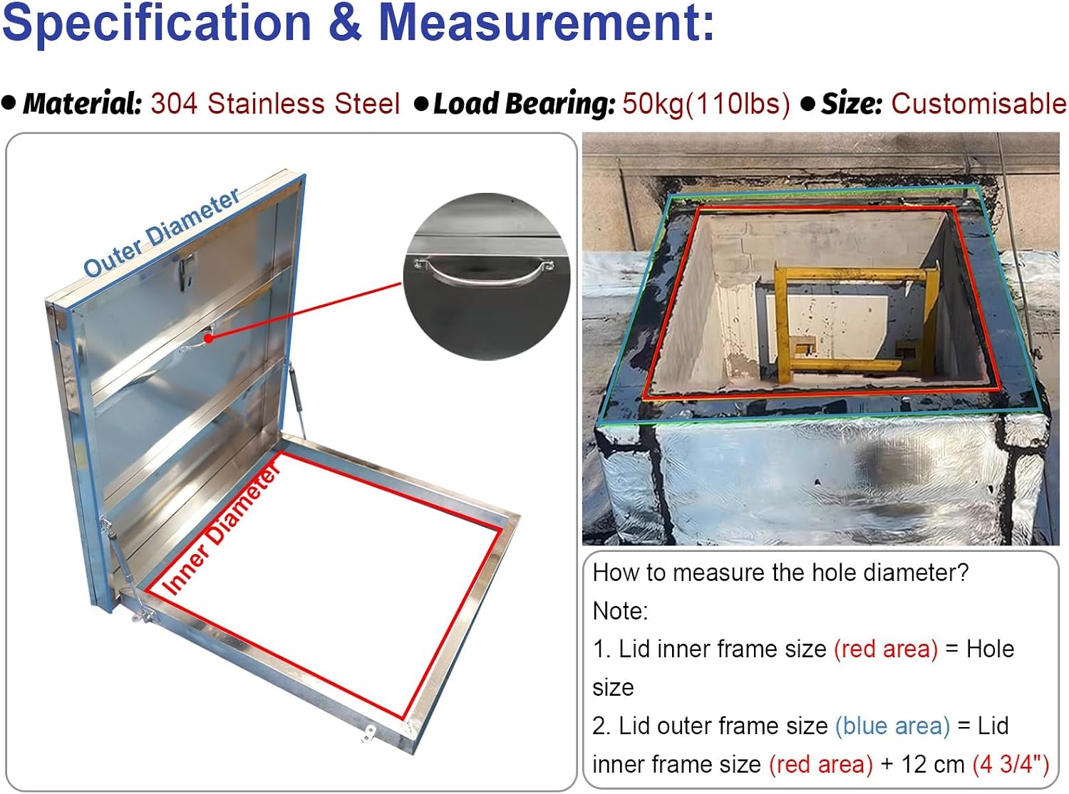 Roof Hatch Screw Mounted Access Hatch Cover for Roof/Manhole/Cellar, Silver Rooftop Maintenance Rainproof Lid Board, Loft Vent Escape Outlet Cap(20x20in (50x50cm))