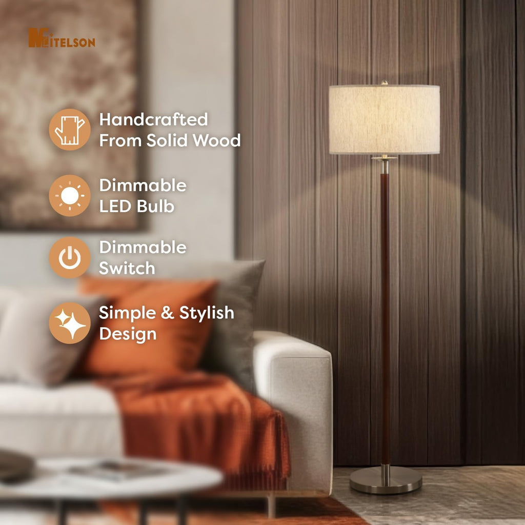 Walnut Brown Modern Floor Lamp for Living Room, Dimmable Tall Standing Lamp with Linen Shade and Bulb, Mid Century Rustic Farmhouse Floor Lamp for Bedroom Office Corner