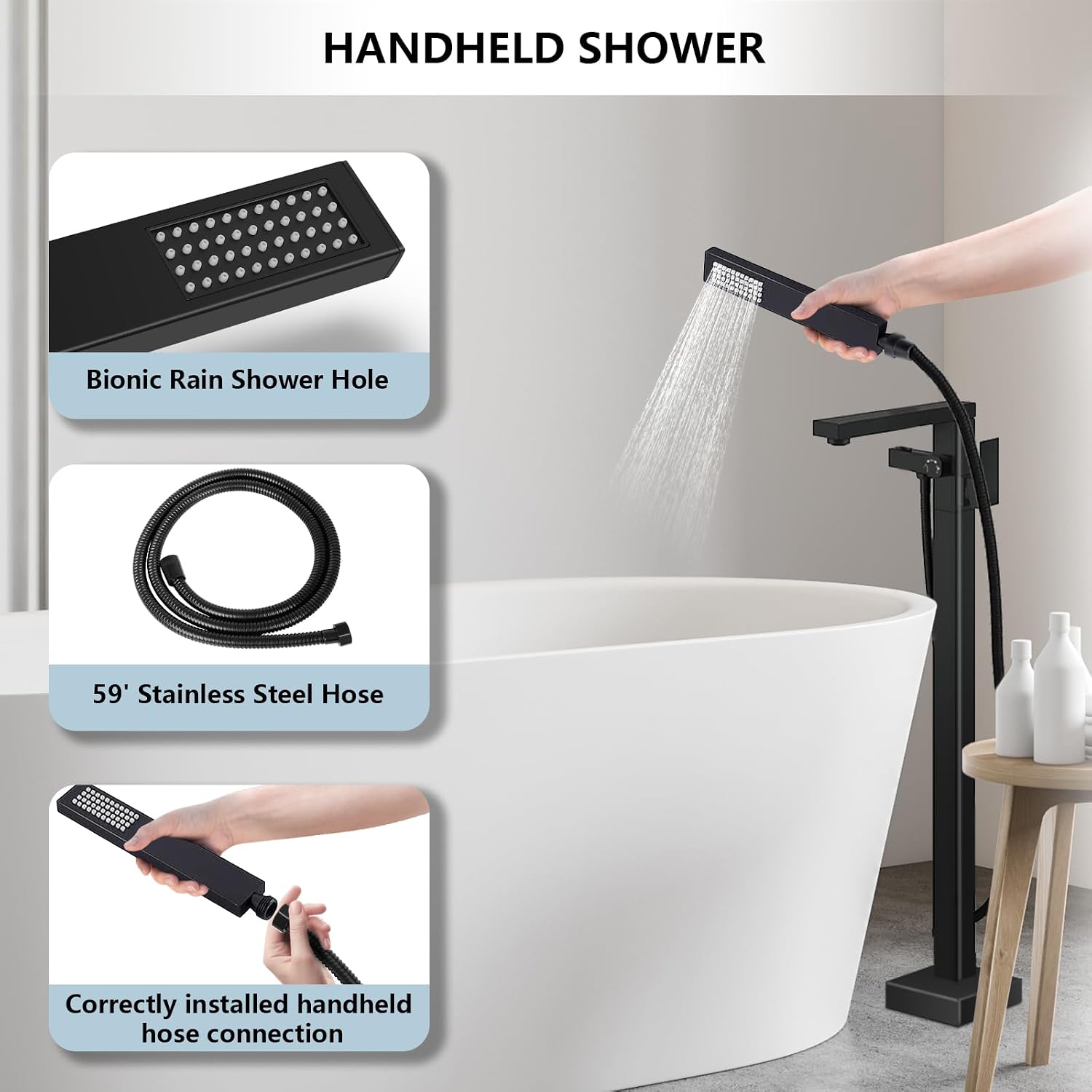 Dollate Matte Black Bathtub Filler Freestanding Tub Filler Floor Mount Tub Faucet, Waterfall floor standing bathtub filler faucet with hand sprayer and swivel tub sprayer