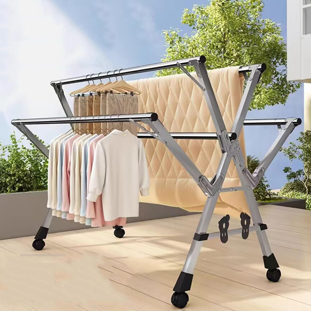 Collapsible Clothes Drying Racks Foldable, Garment Rack Heavy Duty with Wheels, Laundry Rack for Drying Clothes, 5 Rod Stainless Steel Laundry Stand, for Clothe,1.35-2.0m