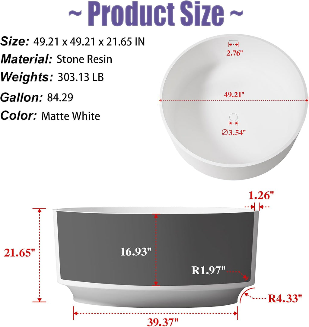 49' Freestanding Bathtub, Modern Soaking Stand Alone Tub Solid Surface Resin Stone Bathtub with Pop Up Drain and Overflow, Matte White 311MW1250