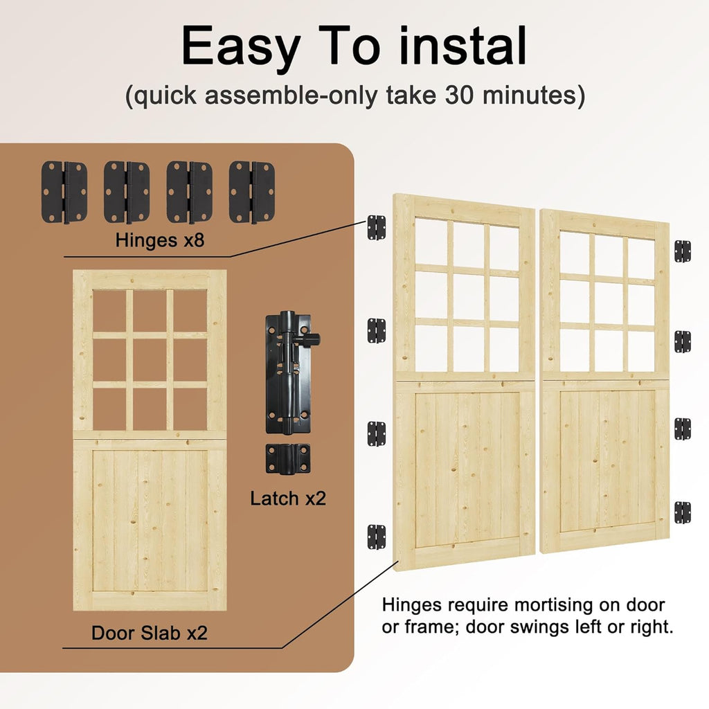 Exterior Dutch Door Slab, 60' x 80', Universal 9 Lite Panel Split Single Doors, Solid Core Home Door, Natural Pine Wood - with 8 Black Hinges & 2 Latch, Without Jamb