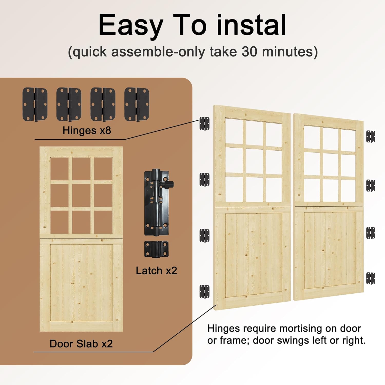 Exterior Dutch Door Slab, 60' x 80', Universal 9 Lite Panel Split Single Doors, Solid Core Home Door, Natural Pine Wood - with 8 Black Hinges & 2 Latch, Without Jamb