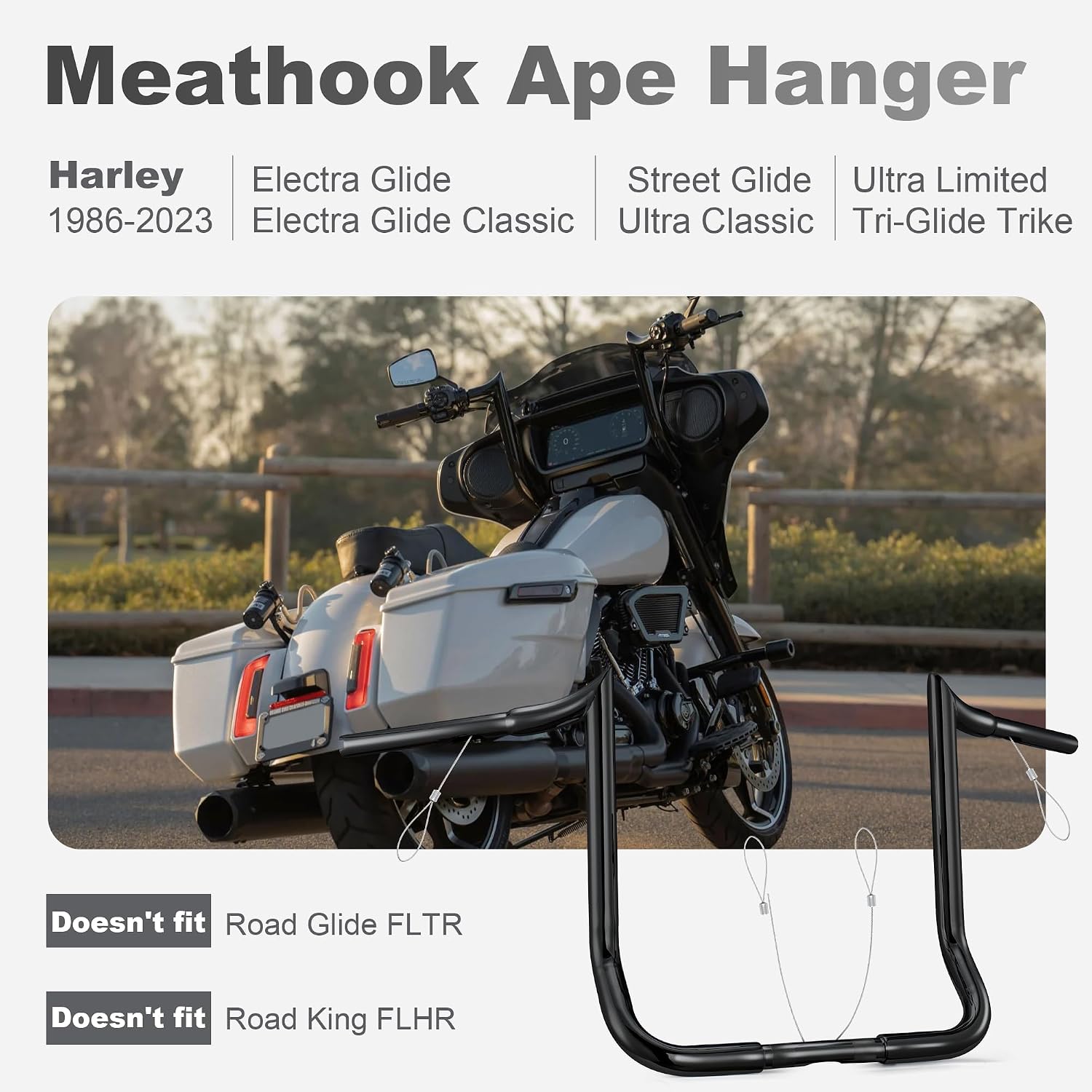 MoKitDora Street Electra Glide Ape Hanger 8' Rise 1-1/4' Fat 1' Clamp Monkey Bagger Meathook Bars for 1986-2023 Harley FLHT & FLHX Ultra Limited Tri-Glide, Black
