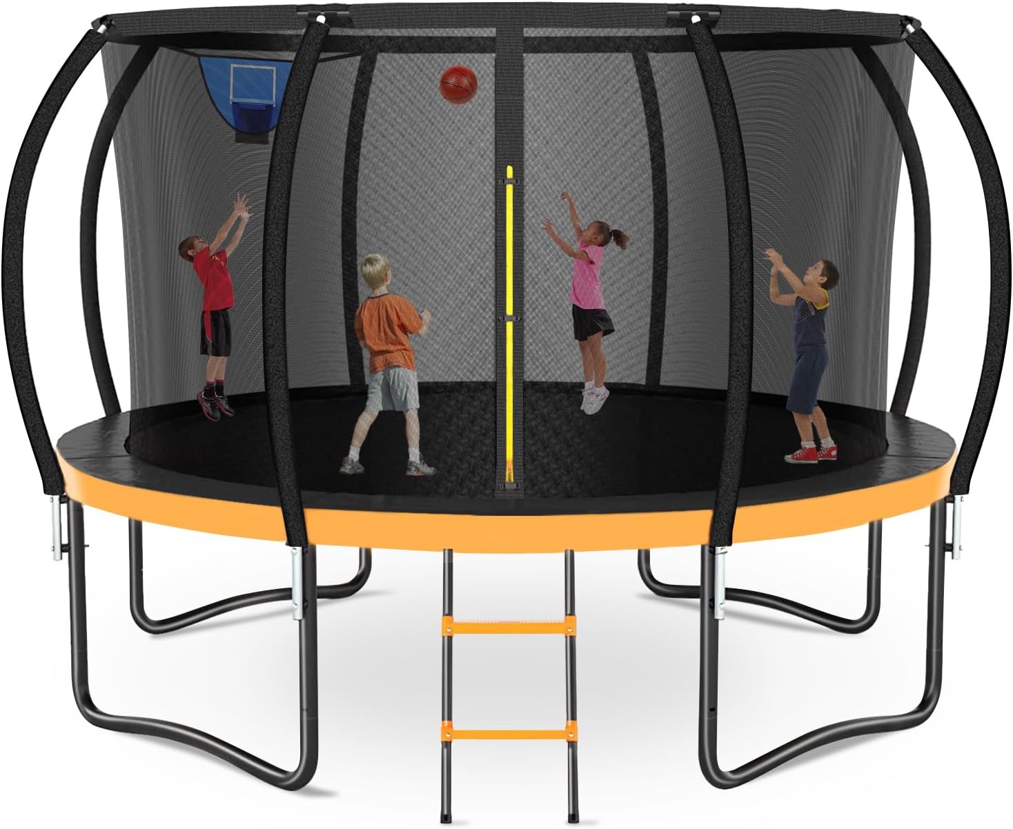 Zevemomo 12FT 14FT Trampoline with Basketball Hoop, Large Outdoor Trampoline for Kids and Adults with Net, Ladder, Protected Curved Poles, Heavy Duty Trampoline 400/450LBS Weight Capacity