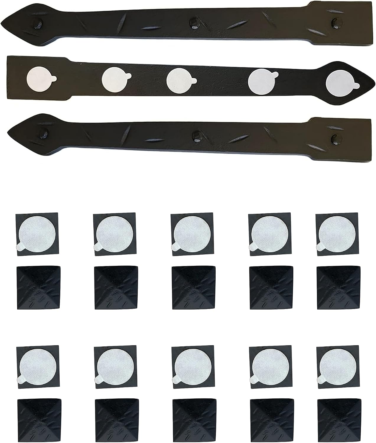 The Rustic Express - Self Adhesive 3 Iron Straps 18' & 20 Hammered Square Clavos 1-1/2' - Decorative Hinges & Clavos for Farm, Fiberglass, Metal, Wooden Gate Hinge and Garage Door Hardware - Black