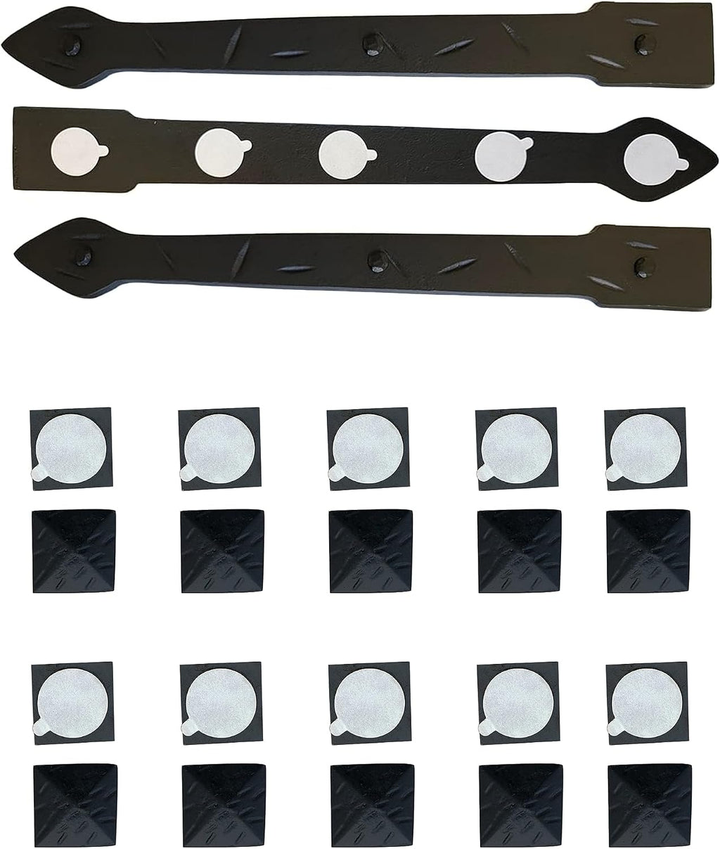 The Rustic Express - Self Adhesive 3 Iron Straps 18' & 20 Hammered Square Clavos 1-1/4' - Decorative Hinges & Clavos for Farm, Fiberglass, Metal, Wooden Gate Hinge and Garage Door Hardware - Black