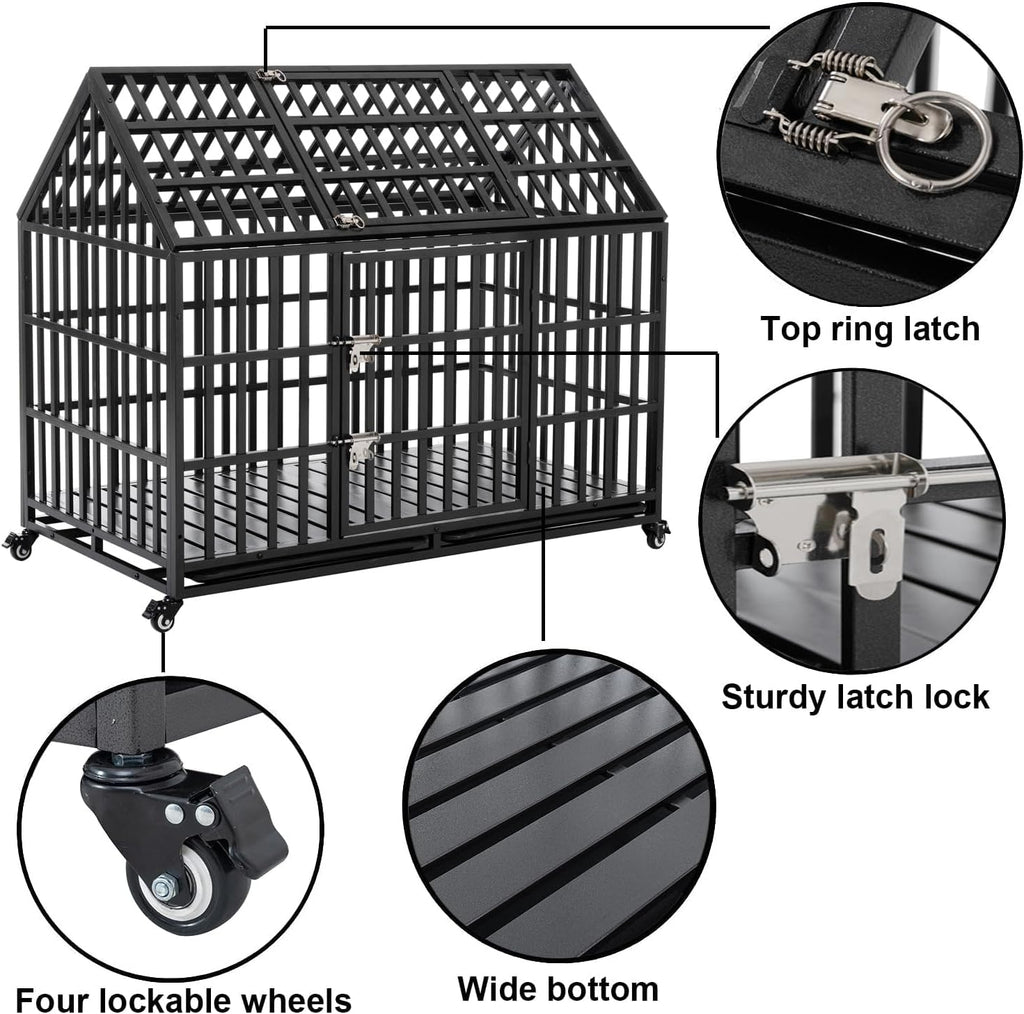 Extra Large Dog Crate Cage, 55'' Heavy Duty Galvanized Iron Dogs Cage Kennels Crates Furniture with Front Door, Top Door and 4 Lockable Wheels for Patio, Home, Backyard