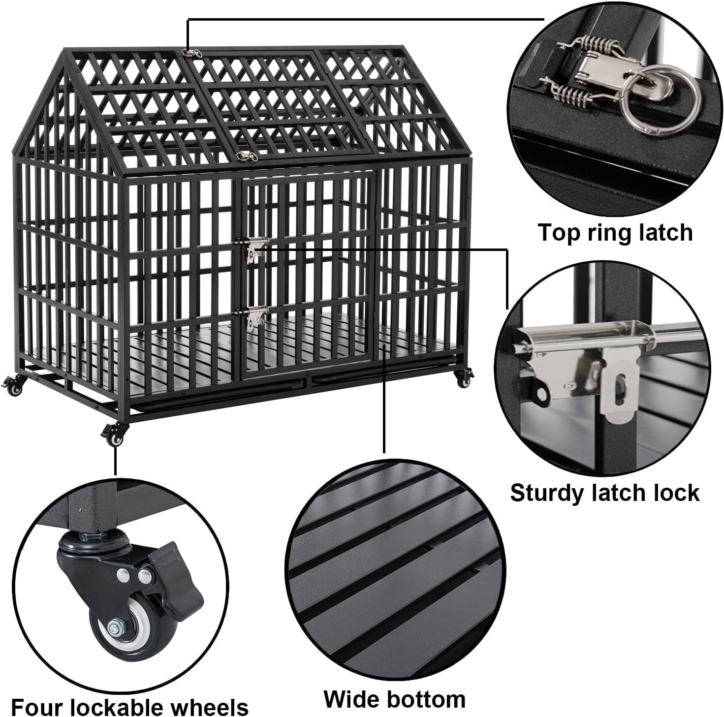Extra Large Dog Crate Cage, 55'' Heavy Duty Galvanized Iron Dogs Cage Kennels Crates Furniture with Front Door, Top Door and 4 Lockable Wheels for Patio, Home, Backyard