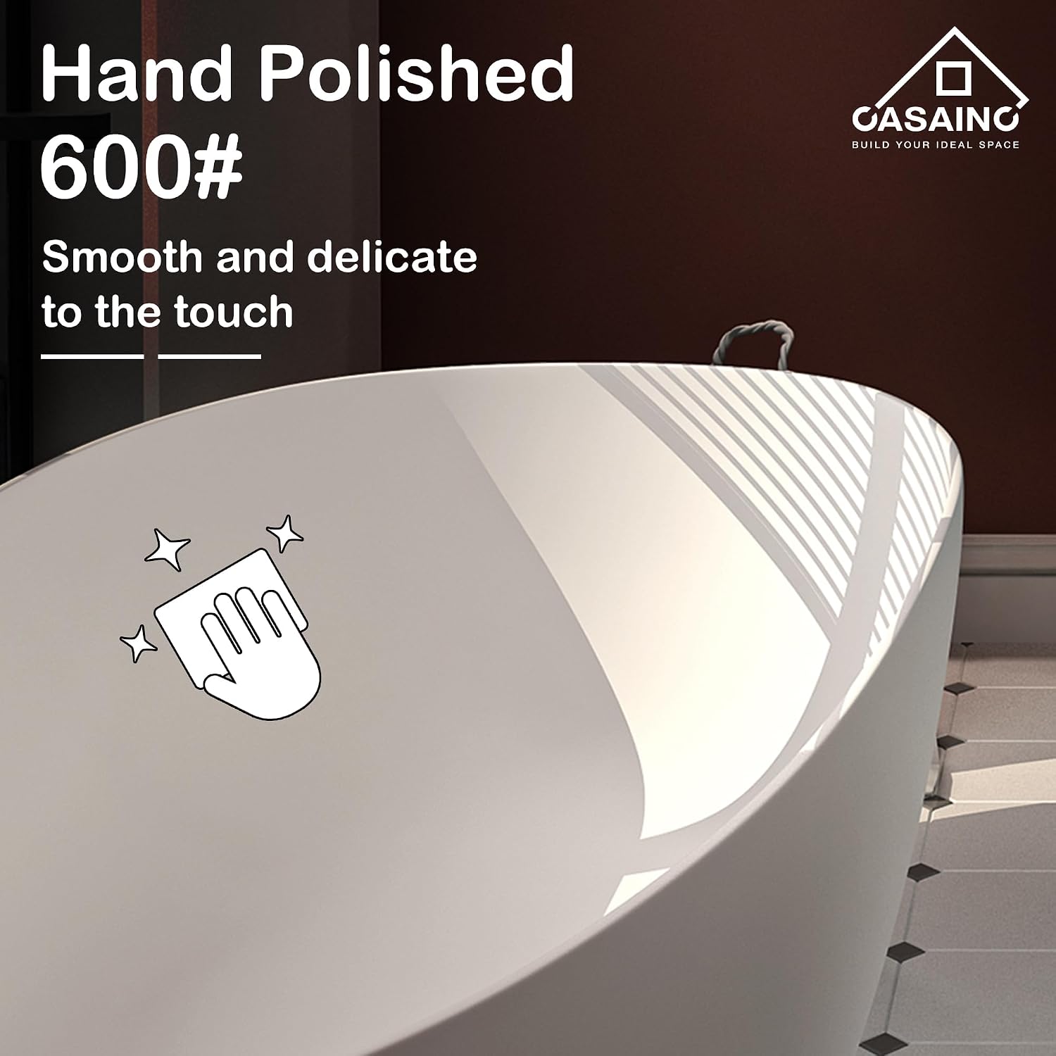 CASAINC 59'' Resin Stone Freestanding Bathtub, Solid Surface Matte White Free Standing Tub, Egg Shape Stand Alone Soaking Tubs with Drain, Drain Hose & Sanding Paper