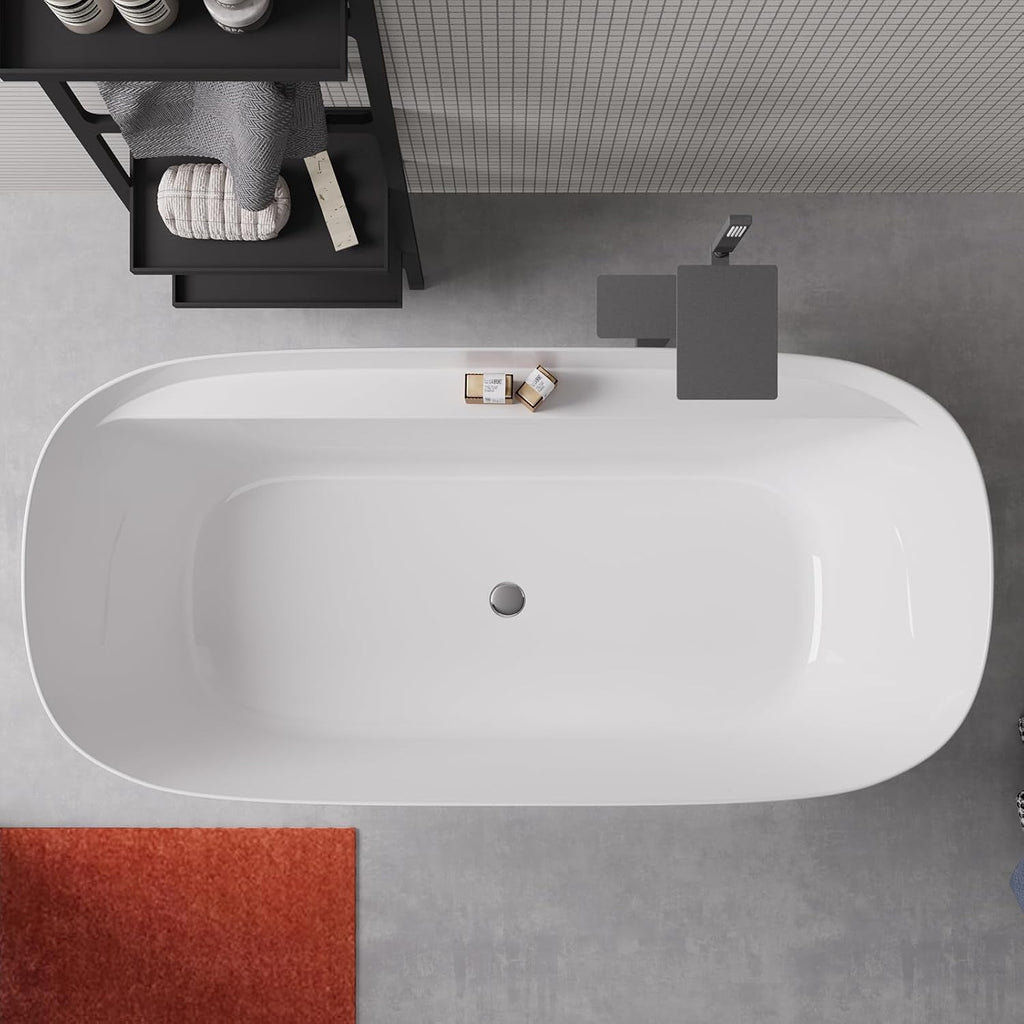Cpingao 59' Acrylic Freestanding Bathtub, Contemporary Oval Shape Soaking Tub, Chrome Drain & Integrated Slotted Overflow Assembly Included, Glossy White