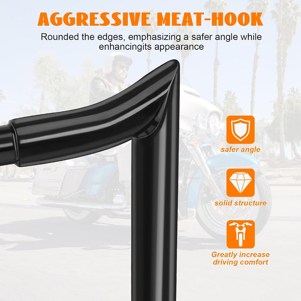 12' Rise Pre-Wired Ape Hangers Handlebars 1 1/4' Fat 1' Clamp Meathook Monkey Bar Gloss Black Fit for Harley Touring Miter Cut 2013 Cvo 2016-2023 Street Glide Electra Glide Ultra Limited