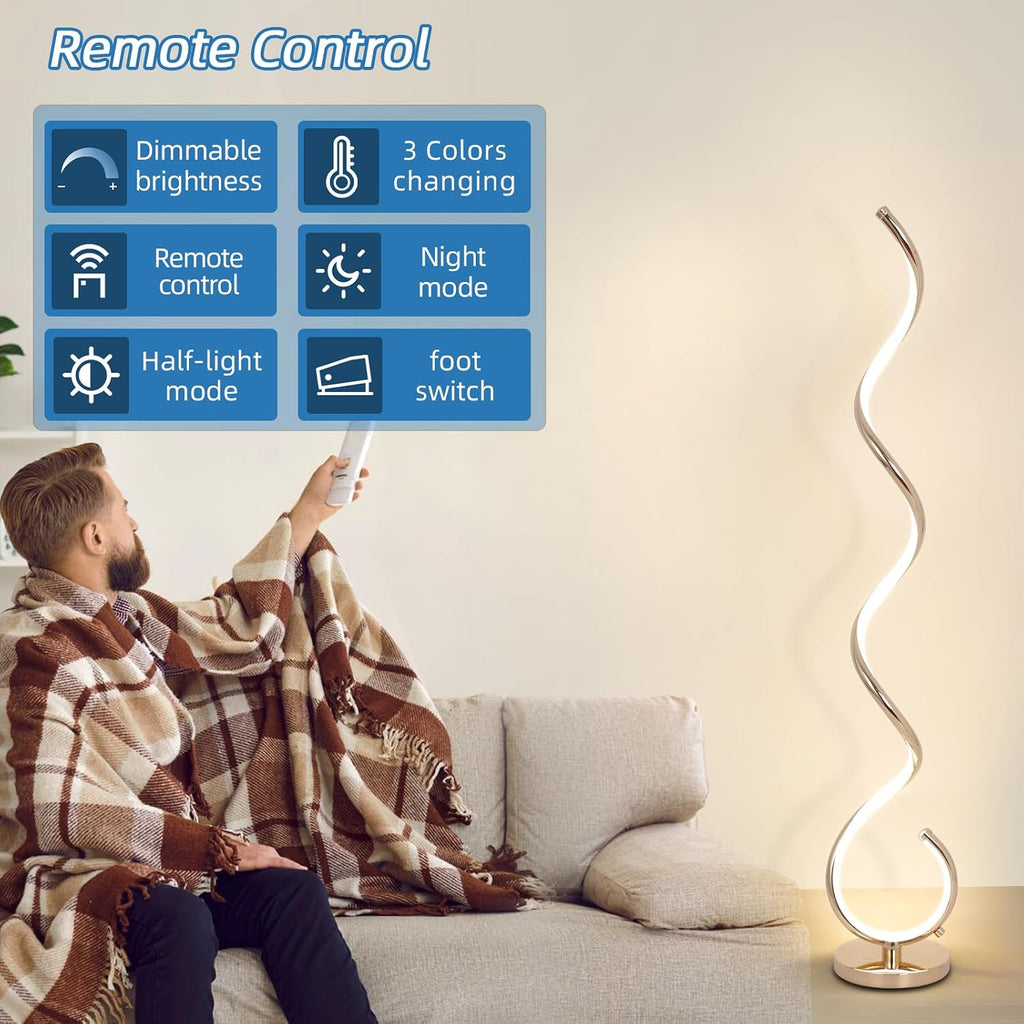 EIDISUNY Modern Spiral Floor Lamp for Living Room, Bedroom & Office - 3 Color Temperature LED with Remote & Foot Switch, Dimmable 48W (Gold)