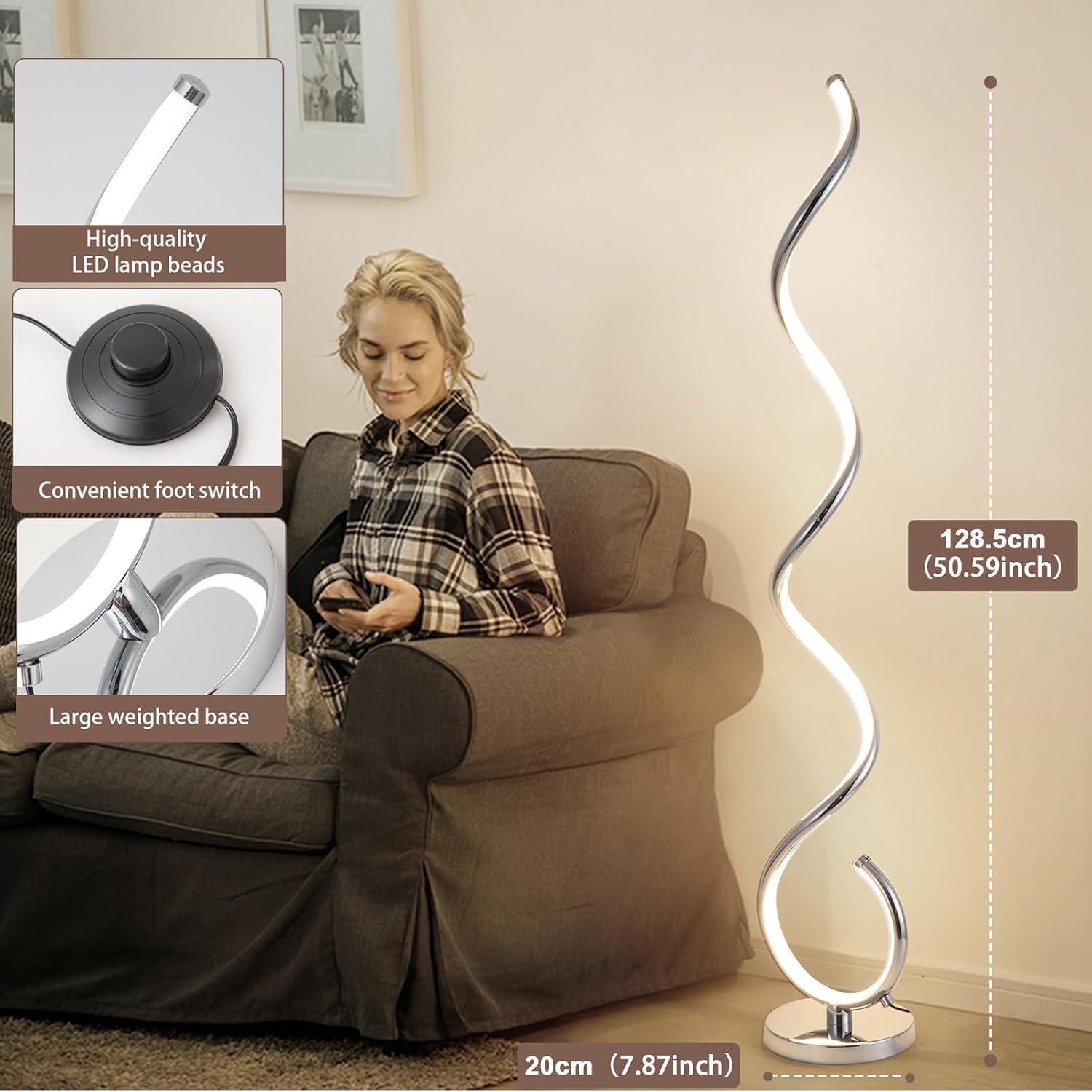 EIDISUNY Modern Floor Lamp for Living Room, 3 Color Temperature LED Spiral Floor Lamps with Remote&Foot Switch, 48W Dimmable LED Standing Lamp for Bedroom, Office
