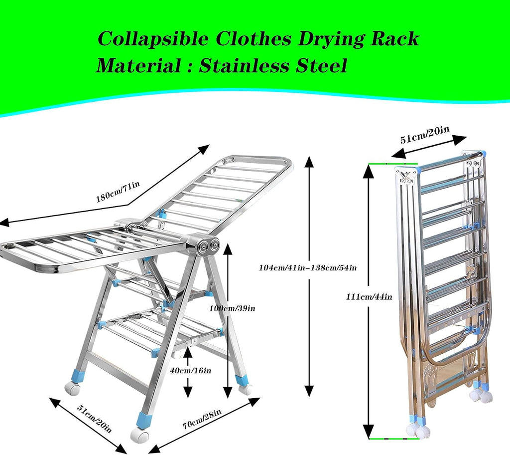 Clothes Drying Racks for Laundry Foldable,Rolling Garment Rack Heavy Duty with Wheels,Laundry Stand Organizer Stainless Steel,Clothes Dryer Racks for Laundry(180cm/71in)