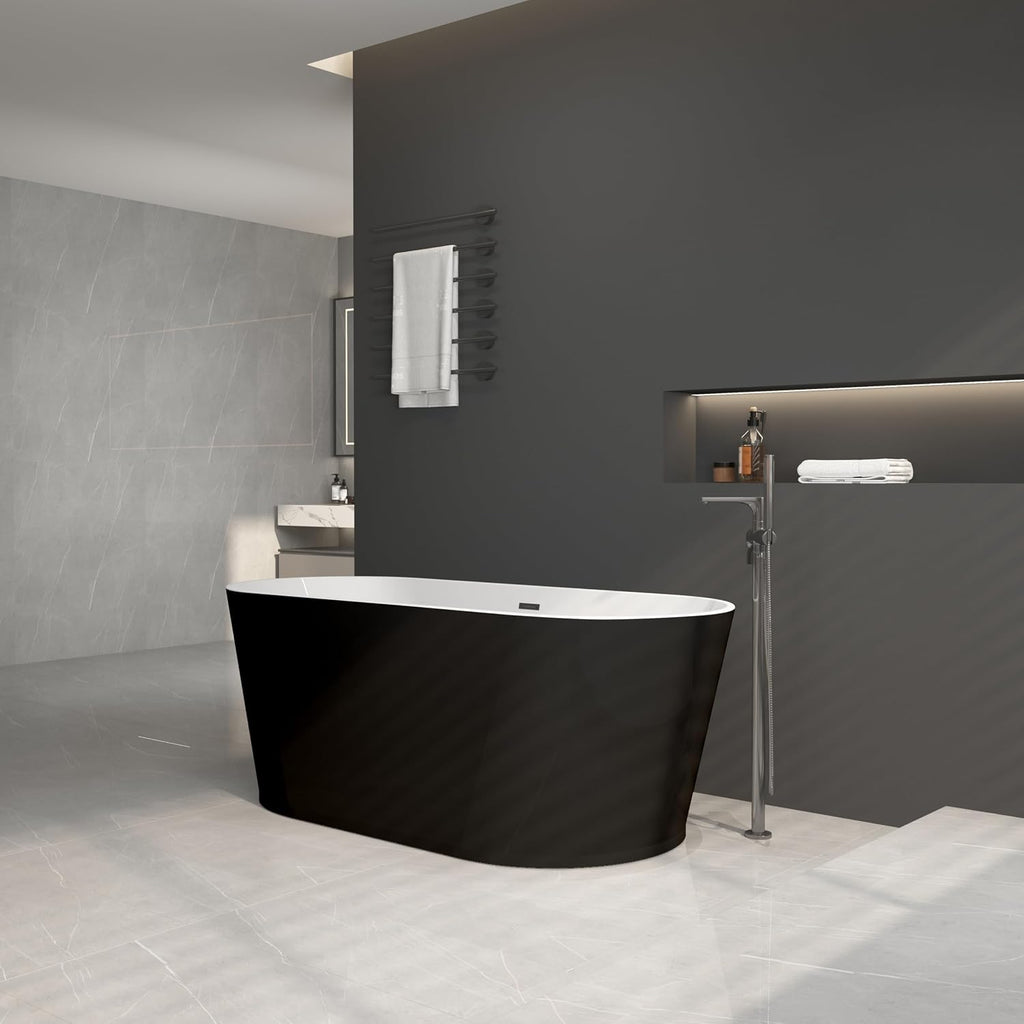 59' Acrylic Freestanding Bathtub-Acrylic Soaking Tubs, Black Bathtub, Oval Shape Black Freestanding Bathtub with Chrome Overflow and Pop Up Drain