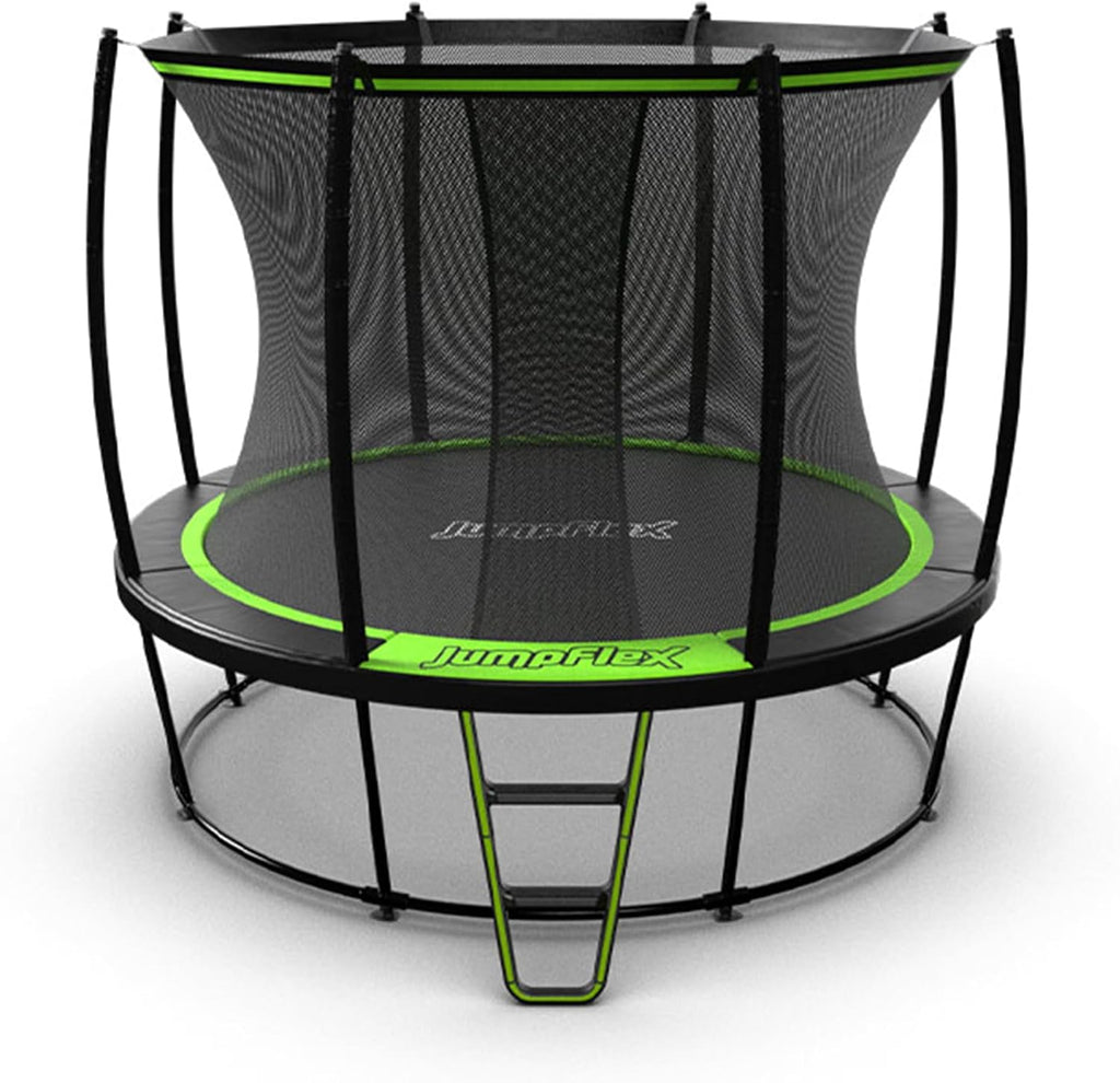 JumpFlex Hero Round Outdoor Backyard Trampoline with Net Safety Enclosure and Ladder - Heavy-Duty Jumping Trampoline Play Equipment for Family