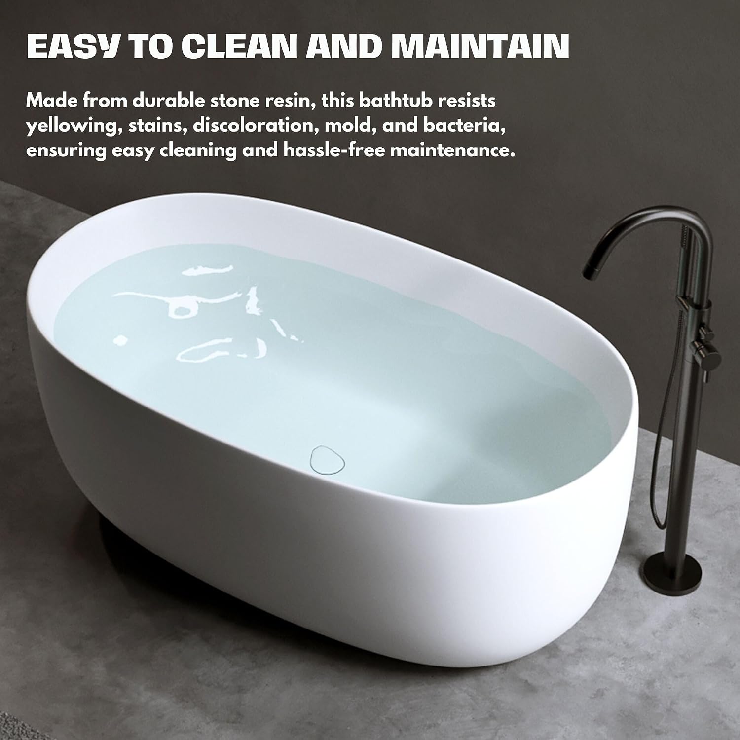 H2O Rectangular 59 in. x 30.7 in. Solid Surface Stone Resin Freestanding Bathtub, 13 in. Soaking Depth, Ergonomic Backrest, Matte White, Center Drain with Overflow, Durable, Easy to Clean