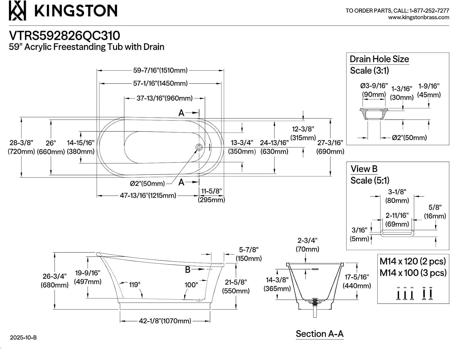 Kingston Brass VTRS592826QC310 59' Acrylic Oval Single Slipper Freestanding Tub with Drain, Glossy White/Matte Black