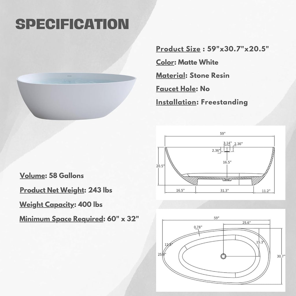 H2O Oval 59 in. x 30.7 in. Solid Surface Stone Resin Freestanding Bathtub, 14 in. Soaking Depth, Ergonomic Backrest, Matte White, Center Drain with Overflow, Durable, Easy to Clean