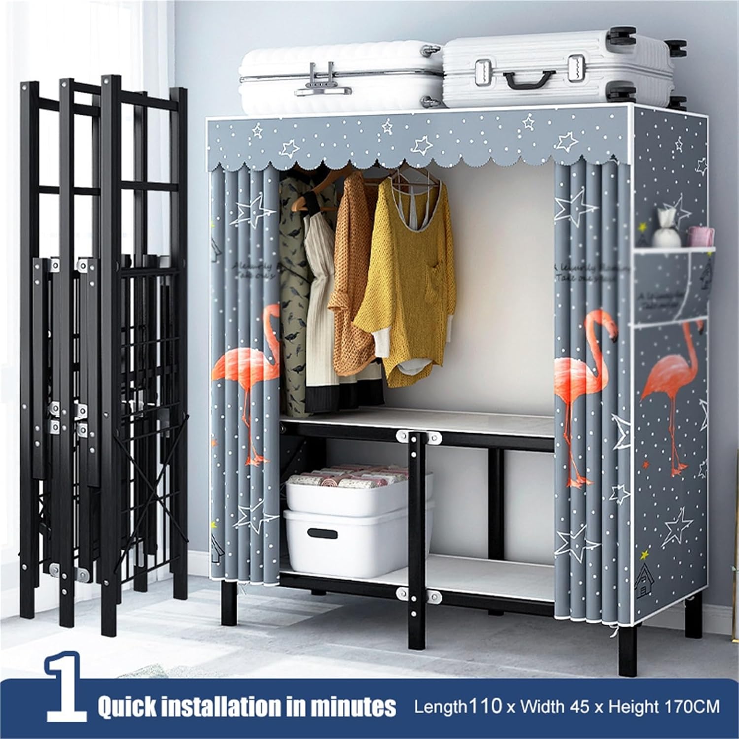 Portable Wardrobe Closet,Foldable Wardrobe with Cover Heavy Duty Portable Closets,Hanging Clothes,Large Folding Covered Clothing Racks Armoires Covered Metal Garment Rack(110cm)