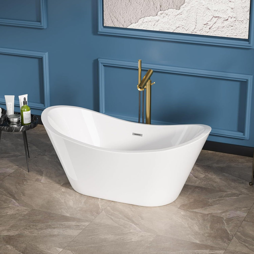 Sarlai 59 Inch Acrylic Freestanding Soaking Bathtub Contemporary Soaking White Tub Stand Alone Ergonomic Bathtub with Chrome Drain and Overflow