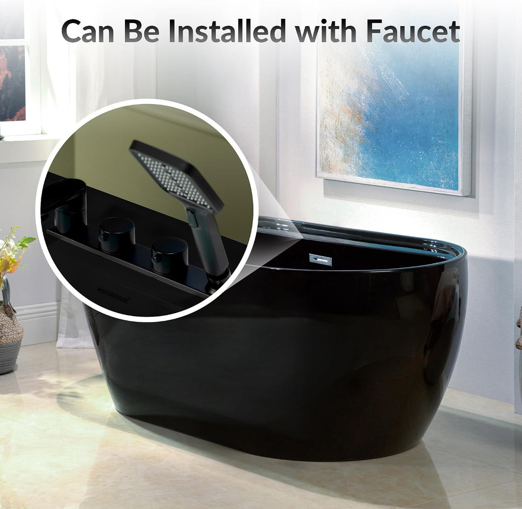 WOODBRIDGE 59' L x 31-1/2' W Freestanding Contemporary Acrylic Soaking Bathtub in Glossy Black Inside and Outside with Chrome Drain & Overflow,B8864-C